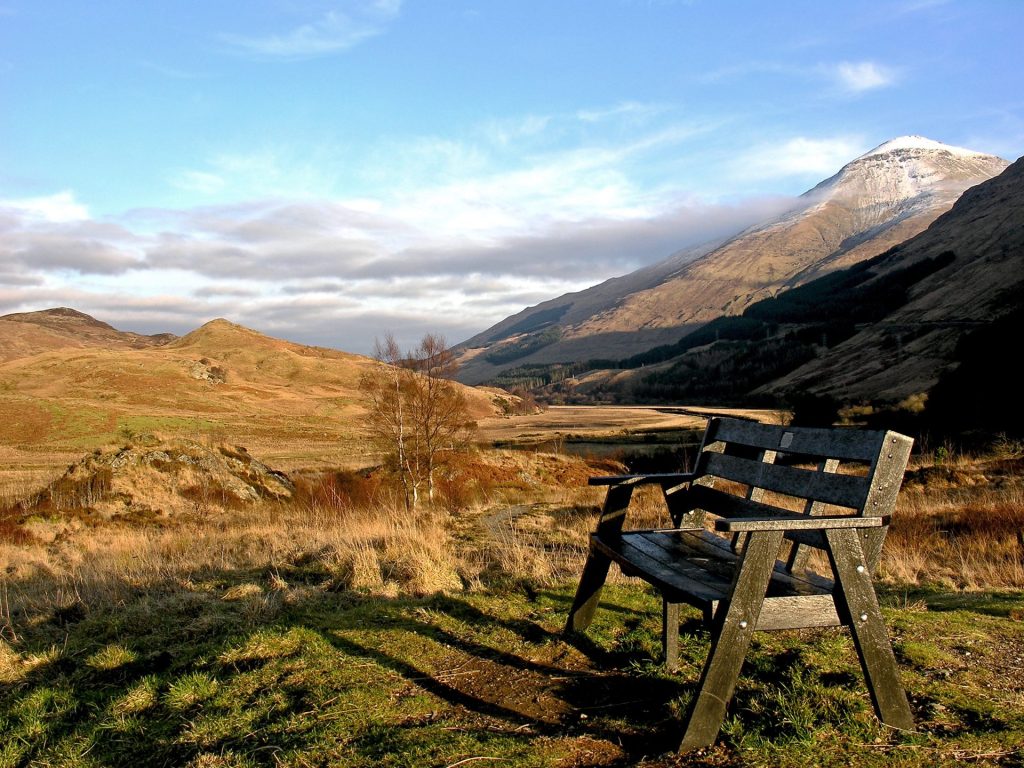 A wooden bench with a beautiful Scottish landscape in the background. The perfect place to enjoy Scottish tea brands.